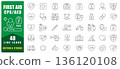 First Aid CPR AED Line Icon Set Featuring Emergency Care, Medical Equipment, Life Saving Actions, And Healthcare Symbols. Ideal For Training, Safety Guides, Apps, And Educational Materials. Isolated V 136120108