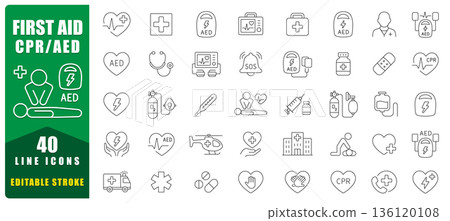 First Aid CPR AED Line Icon Set Featuring Emergency Care, Medical Equipment, Life Saving Actions, And Healthcare Symbols. Ideal For Training, Safety Guides, Apps, And Educational Materials. Isolated V 136120108
