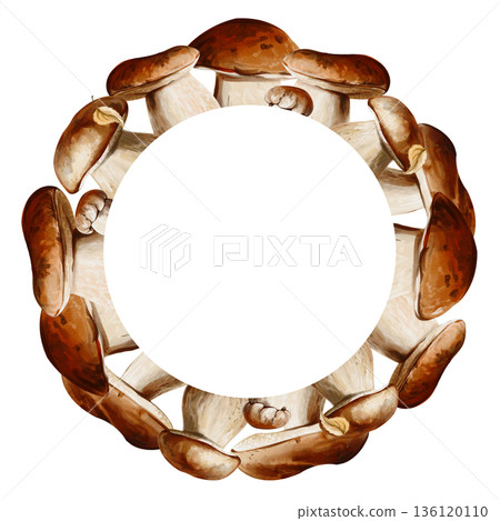 porcini mushrooms arranged in a circular composition, forming a round decorative frame. The mushrooms are hand painted in warm natural brown tones with realistic texture and soft watercolor 136120110