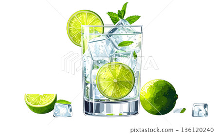 Illustration of a gin and tonic with lime 136120240
