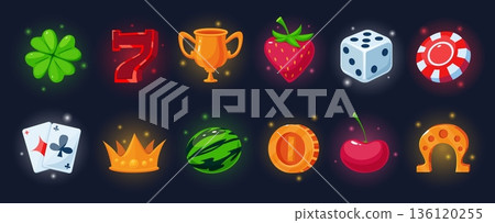 Game casino cartoon elements. Gambling icons, slot machine gift symbols. Number seven, cherry, crown, clover, gaming piece, horseshoe, nowaday vector shining set 136120255