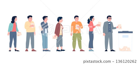 Voting waiting line. People with ballot paper in queue for election. Vote for president, new rules, referendum. Democracy and choice, recent vector concept 136120262
