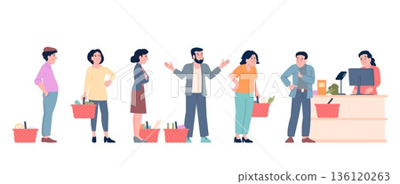 Angry customers in supermarket. Dissatisfied waiting line, tired people with food baskets in queue. Man looking for wallet or money for paying, recent vector scene Angry customers in supermarket. Dissatisfied waiting line, tired people with food baskets in queue. Man looking for wallet or money for paying, recent vector scene 136120263