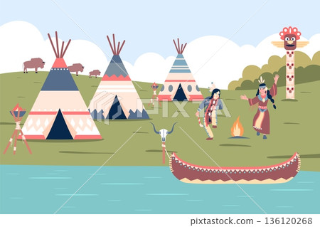 American indian village. Tribal huts, wigwam near water. Native indians canoe on river. Adults wearing traditional costumes, ritual dancing, recent vector scene American indian village. Tribal huts, wigwam near water. Native indians canoe on river. Adults wearing traditional costumes, ritual dancing, recent vector scene 136120268