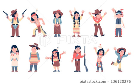 Cowboy and indian children. Wild west kids characters in traditional costumes. Boys girls playing cowboys cowgirls, american indians. Flat recent vector people Cowboy and indian children. Wild west kids characters in traditional costumes. Boys girls playing cowboys cowgirls, american indians. Flat recent vector people 136120276