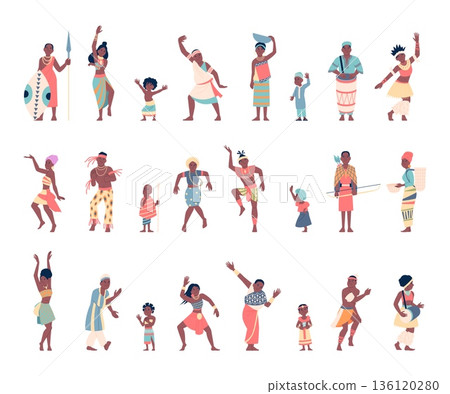 African children and adults. Different traditional tribal characters in costumes. Warrior, dancer, musician, housewife, farmers, recent vector set 136120280