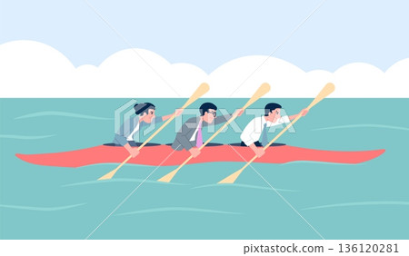 Business kayak teamwork. Office workers driving boat together. Well-coordinated work, lack of competition. Businesspeople kayaking recent vector scene 136120281