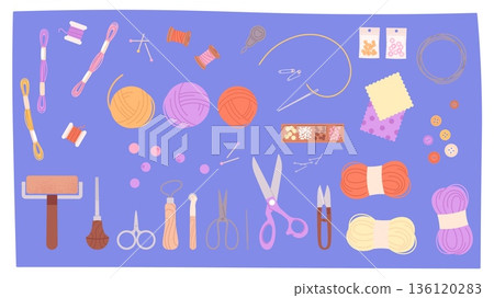 Tools for handmade. Assorted yarns, balls of knitting thread, sewing and embroidery threads, scissors and bag-making equipment. Clothes patches, beads, vector set Tools for handmade. Assorted yarns, balls of knitting thread, sewing and embroidery threads, scissors and bag-making equipment. Clothes patches, beads, vector set 136120283