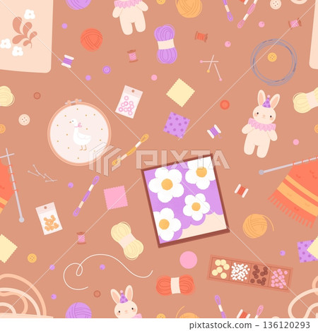 Handcraft seamless pattern. Different knitting and sewing tools, embroidery equipment, threads, yarn. Hand sew rabbit, handmade bag, vector background Handcraft seamless pattern. Different knitting and sewing tools, embroidery equipment, threads, yarn. Hand sew rabbit, handmade bag, vector background 136120293