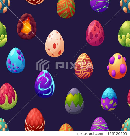 Dragon fantasy eggs seamless pattern. Magic egg with mystery shell. Fire, snake leather, drops. Decorative fabric textile print, wallpaper, vector background 136120303