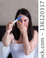 Surprised Woman with Positive Pregnancy Test 136120317