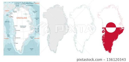 Greenland map set with detailed geographic map, colored outline, simple outline and flag design 136120343