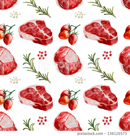Fresh raw beef steak watercolor seamless pattern. Food clip art. Hand-drawn organic cow meat on a white background. Perfect for cookbook design, restaurant menus, and kitchen textiles. Fresh raw beef steak watercolor seamless pattern. Food clip art. Hand-drawn organic cow meat on a white background. Perfect for cookbook design, restaurant menus, and kitchen textiles. 136120373