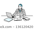 Illustration of a man in work clothes working at a desk 136120420