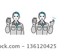 Illustration of a man in work clothes holding a calculator 136120425