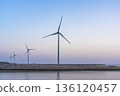 Windmills lined up in the morning glow, Migita Beach seen from the seawall 136120457