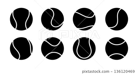 Tennis ball icon set in black color. Simple sport symbols with different line patterns. Flat vector illustration 136120469
