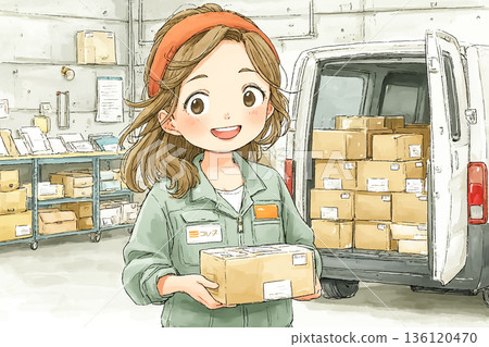 物流倉庫女員工正在分揀包裹 | 最後一公里配送準備現場示意圖 136120470