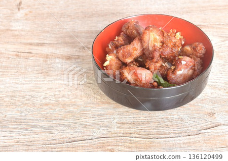 fried fermenting pork bone with garlic eat copple fresh chili on bowl fried fermenting pork bone with garlic eat copple fresh chili on bowl 136120499