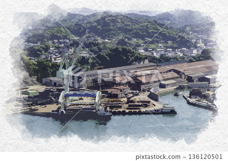 Watercolor-style Mukojima Townscape, Hitachi Zosen Mukojima Factory, Onomichi City, Hiroshima Prefecture Watercolor-style Mukojima Townscape, Hitachi Zosen Mukojima Factory, Onomichi City, Hiroshima Prefecture 136120501