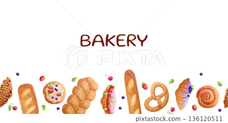 Seamless pattern with delicious pastries on a white background. The concept of confectionery, baking, cooking. Vector illustration for the design of posters, flyers, postcards, invitations Seamless pattern with delicious pastries on a white background. The concept of confectionery, baking, cooking. Vector illustration for the design of posters, flyers, postcards, invitations 136120511