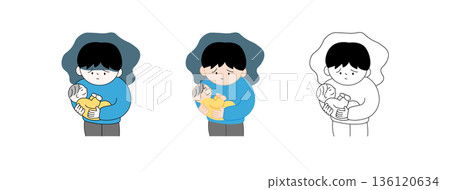 A hand-drawn illustration of a worried father holding a baby | Postpartum depression, childcare fatigue, men's worries 136120634