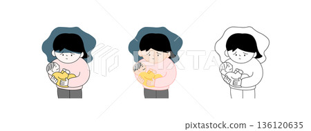 A hand-drawn illustration of a mother holding a baby in her arms | Postpartum depression, childcare fatigue, women's worries 136120635