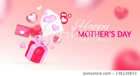 Mothers day banner. 3d hearts gift box with envelope love mom concept pastel background pink heart giftbox ribbon spring parents event celebration poster design vector illustration 136120653
