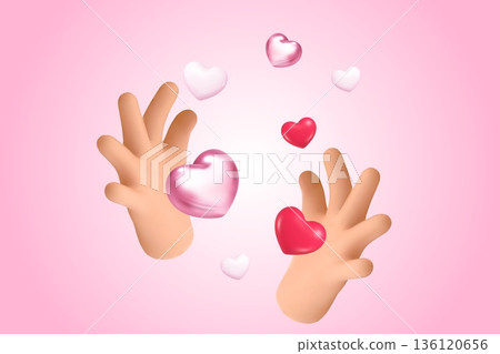 Hands flying hearts. 3d hand with glossy shiny hearts render icon, family share love concept charity sponsor solidarity help volunteer palm social media like vector illustration 136120656