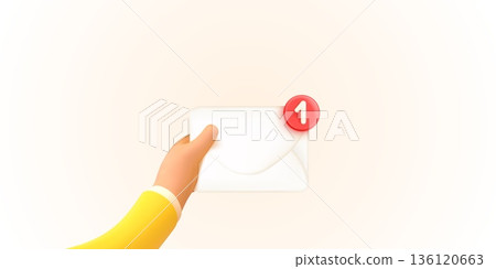 3d hand envelope. Email notification concept, hand hold paper letter with new message icon mail newsletter smm marketing service send sms digital mailbox render vector illustration 136120663