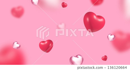 3d falling hearts. Flying red pink chrome heart background, love valentine mothers womens day concept banner romantic decoration social media like design poster vector illustration 136120664