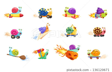 Cartoon fast snails. Quick slug ride on skateboard, slow snail on turbo rocket speedy racer funny animal with shell garden or sea slugs run race, set kicky vector illustration 136120671