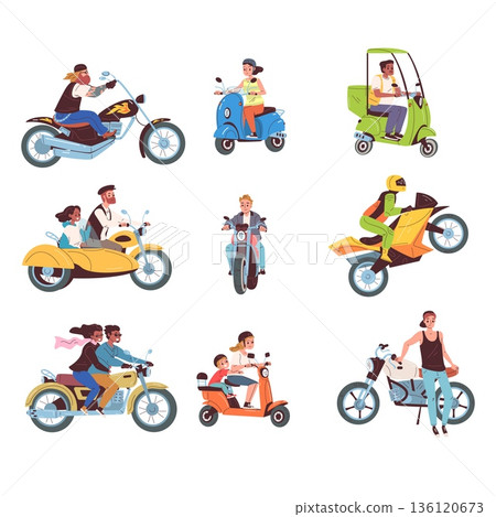 People motorcycle drivers. Happy person ride motor bike, delivery man on scooter moped moto rider biker motorcyclist characters couple travel motorbike, classy vector illustration People motorcycle drivers. Happy person ride motor bike, delivery man on scooter moped moto rider biker motorcyclist characters couple travel motorbike, classy vector illustration 136120673
