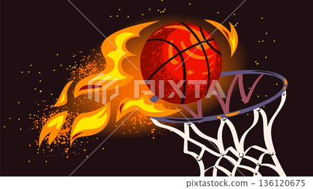 Flaming basketball. Throw fire ball free flying in basket hoop ring, sport tournament match banner championship game league poster or logo win emblem classy vector illustration Flaming basketball. Throw fire ball free flying in basket hoop ring, sport tournament match banner championship game league poster or logo win emblem classy vector illustration 136120675