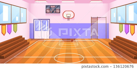 School basketball gym. Sport gymnasium or university basketball court, stadium arena ball basket hoop scoreboard game match cartoon interior background, classy vector illustration 136120676
