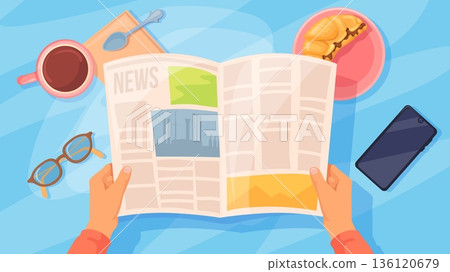 Morning newspaper reading. Man hands hold newspaper, read daily news at breakfast home or office table city press article publication paper media journal, neat vector illustration Morning newspaper reading. Man hands hold newspaper, read daily news at breakfast home or office table city press article publication paper media journal, neat vector illustration 136120679
