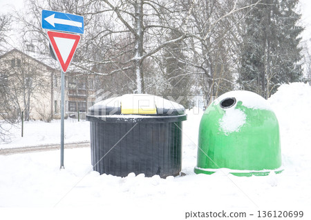 Winter Street Recycling Containers Near Traffic Signs 136120699