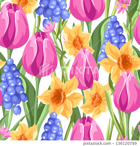 Seamless pattern with flowers. Spring muscari, tulip and narcissus. Beautiful realistic flowers, buds and leaves. Seamless pattern with flowers. Spring muscari, tulip and narcissus. Beautiful realistic flowers, buds and leaves. 136120789
