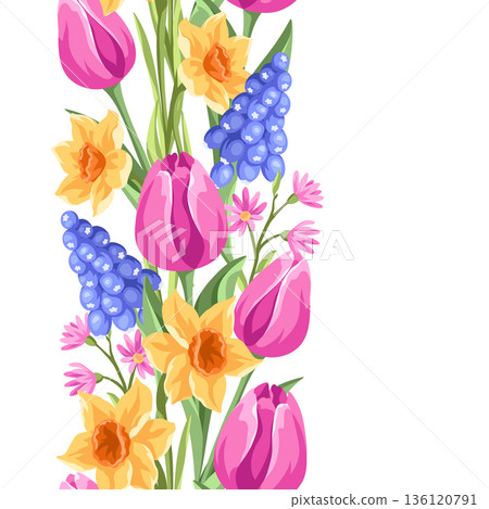 Seamless pattern with flowers. Spring muscari, tulip and narcissus. Beautiful realistic flowers, buds and leaves. 136120791