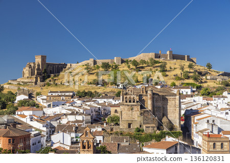 Aracena castle overlooking traditional Andalucian town houses in Spain Aracena castle overlooking traditional Andalucian town houses in Spain 136120831