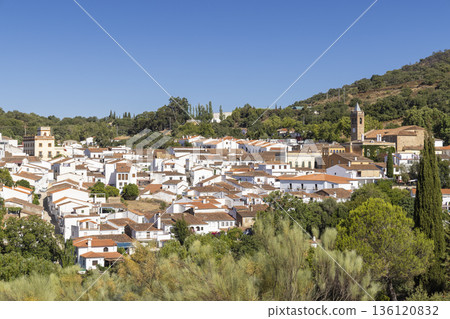Almonaster la Real village panorama with traditional white houses 136120832