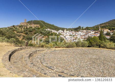 Almonaster la Real village and mosque castle from stone amphitheater 136120833