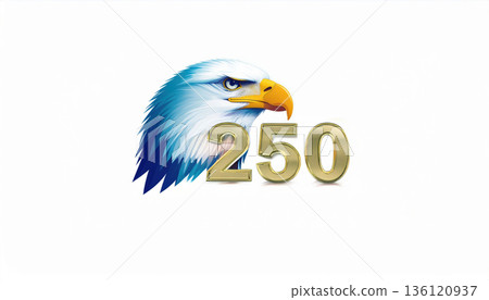 250 anniversary USA. Eagle head with golden number 250 on white background, symbolizing strength and achievement 136120937