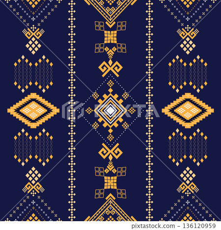 Ethnic geometric seamless pattern featuring golden diamond and square shapes on a navy blue back Ethnic geometric seamless pattern featuring golden diamond and square shapes on a navy blue back 136120959