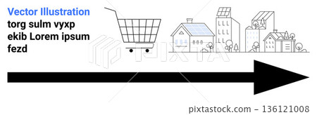 E-commerce, urban development, sustainability, progress, renewable energy, community growth. A cart moves towards a city with solar panels. E-commerce and urban development concept E-commerce, urban development, sustainability, progress, renewable energy, community growth. A cart moves towards a city with solar panels. E-commerce and urban development concept 136121008