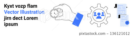 Time management, workflow optimization, teamwork, productivity tools, scheduling, efficiency improvement. Hand holding a clock, gear with people icons contract with seal. Time management Time management, workflow optimization, teamwork, productivity tools, scheduling, efficiency improvement. Hand holding a clock, gear with people icons contract with seal. Time management 136121012
