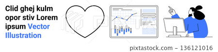 Data analysis, technology, business love, growth tracking, computer interface, statistics. A person pointing at data on a screen next to a heart shape. Data analysis and technology concept 136121016