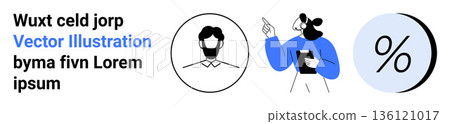 Digital communication, analytics, statistical analysis, teamwork, modern business, vector graphics. Minimalist design showing a person holding a tablet, a circle with a percentage, and an outlined 136121017