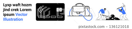 Financial technology, digital transactions, virtual experience, labor force dynamics, manual work, innovation. a card, headset and laborers. Focus on financial technology and virtual experience 136121018
