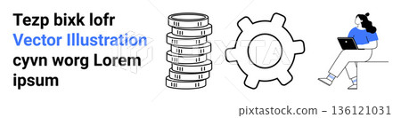 Finance, technology, business, remote work, digital collaboration, innovation. Stack of coins, gear symbol person using laptop. Finance and technology concept Finance, technology, business, remote work, digital collaboration, innovation. Stack of coins, gear symbol person using laptop. Finance and technology concept 136121031